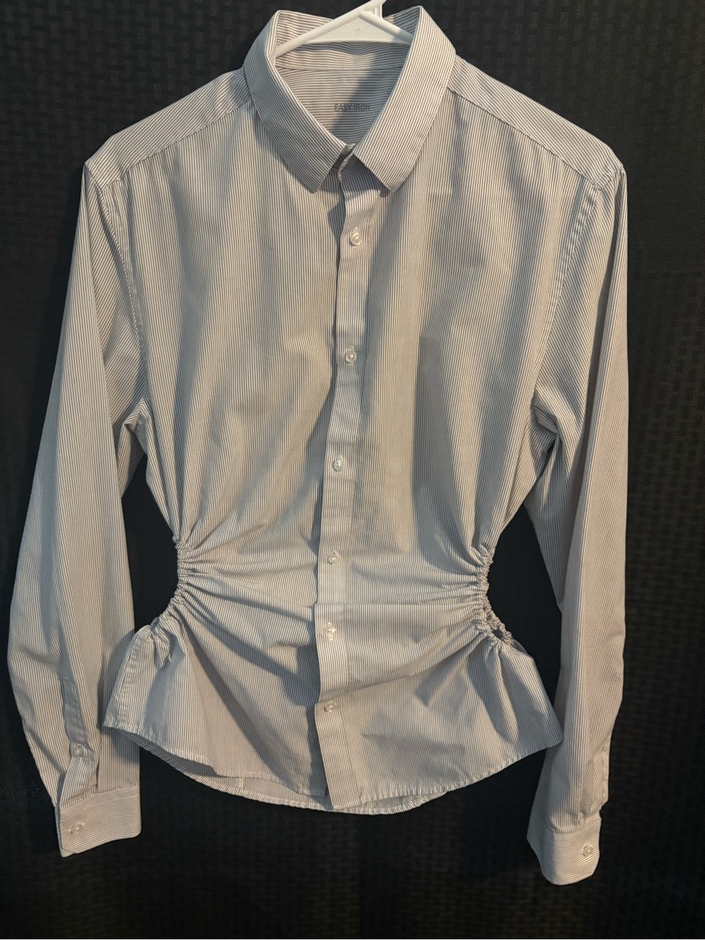Women's Light Blue Pinstripe Button-Down Shirt with Cinched Waist